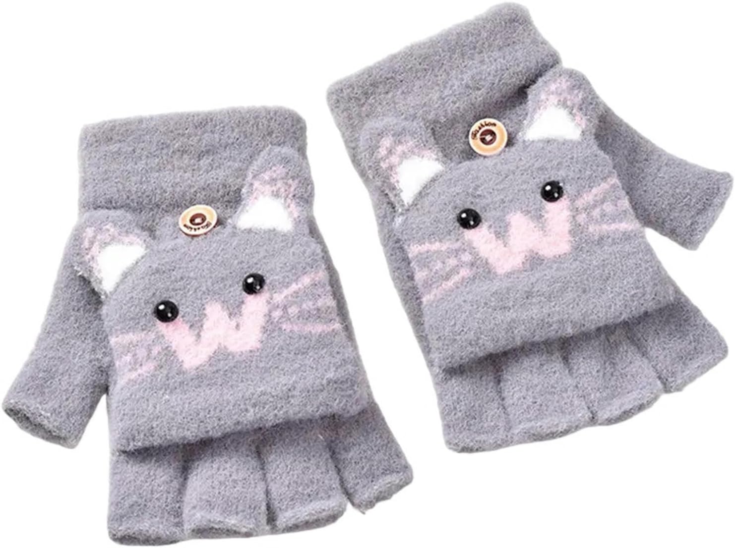 Gloves Winter Warm Faux Fur Knit Glove Cartoon Half Finger Flip Cover Outdoor Mittens 5-12Years