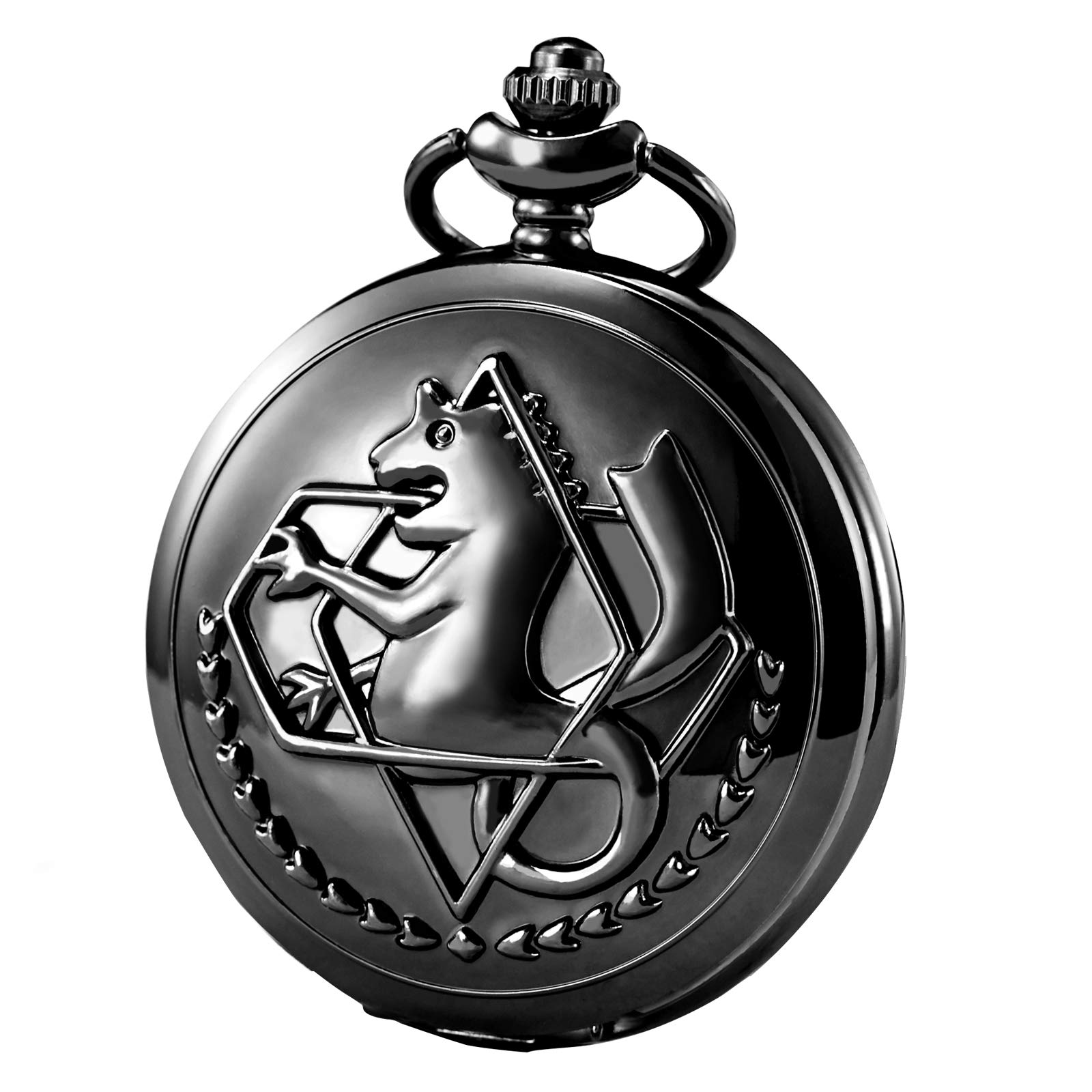 MORFONGMen's Pocket Watch Analogue Quartz Movement with Chain Alchemist Edward Elric Anime Silver/Black