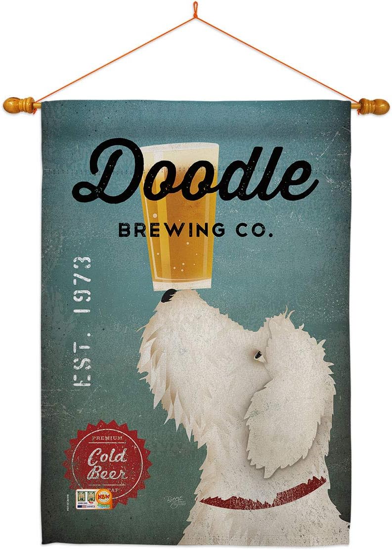 Doodle Brewing House Flag Dowel Set Animals Dog Puppy Spoiled Paw Canine Fur Pet Nature Farm Animal Creature Small Decorative Gift Yard Banner Made In USA 28 X 40