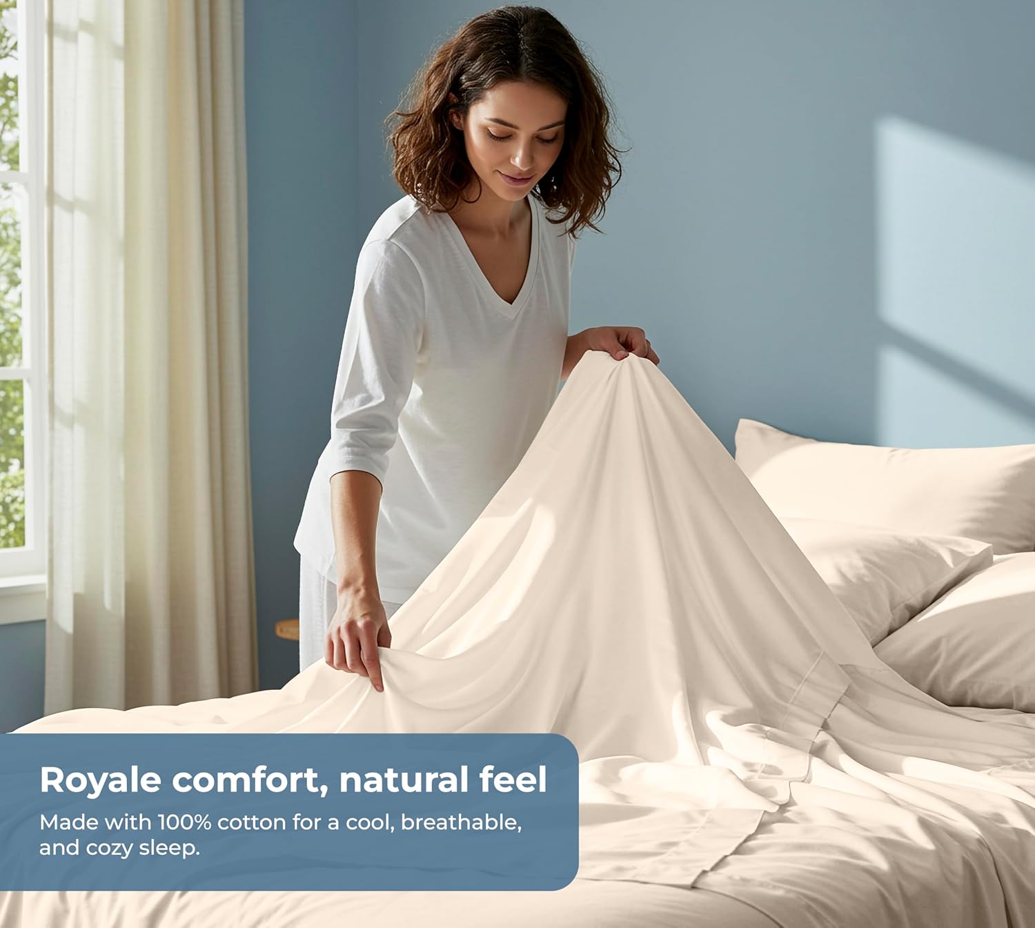ROYALE LINENS 100% Organic Cotton Queen Sheet Set - Percale Weave - 4 Pieces Set - 1 Flat, 1 Deep Pocket Fitted Sheet and 2 Pillowcases - Cream Bed Sheets - Sábanas Queen - Crisp Cool (Cream)