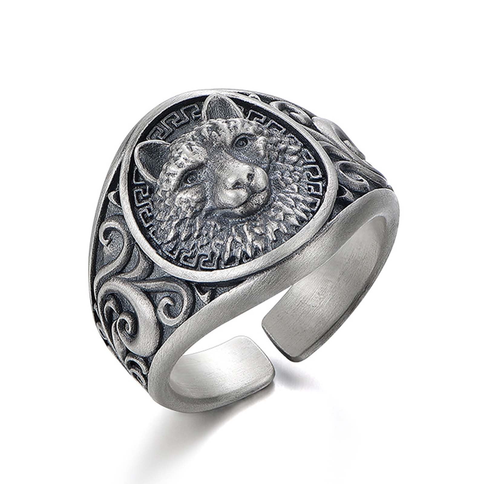 CrymystalCrymystal Men's Vintage Stainless Steel Ring Wolf Head Shield Biker Ring Personalized Open Ring Totem Wolf Amulet Ring Punk Jewelry Gift Father's Day Accessories