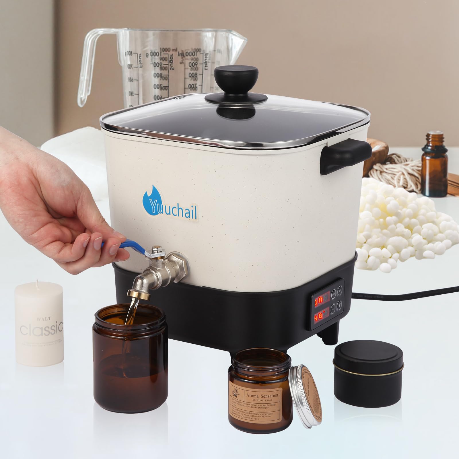 Yuuchail Fundidor de cera para la fabricación de velas y jabones, recipiente eléctrico para fundir velas de 6,5 l con pantalla digital y pico vertedor, base inclinada con revestimiento antiadherente.