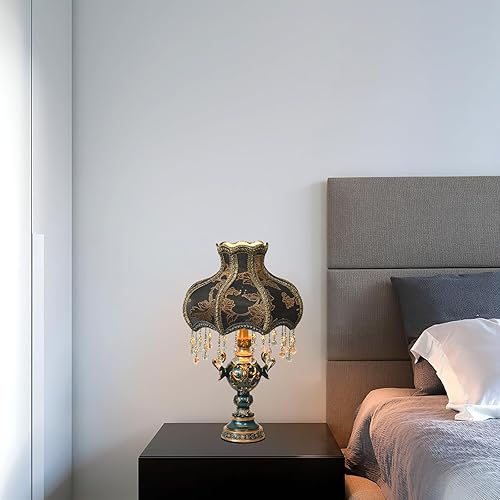 Miniatura 7 de Lámpara de mesa de tela azul, lámpara de escritorio decorativa de flores antiguas, luz nocturna de cristal para mesita de noche de dormitorio