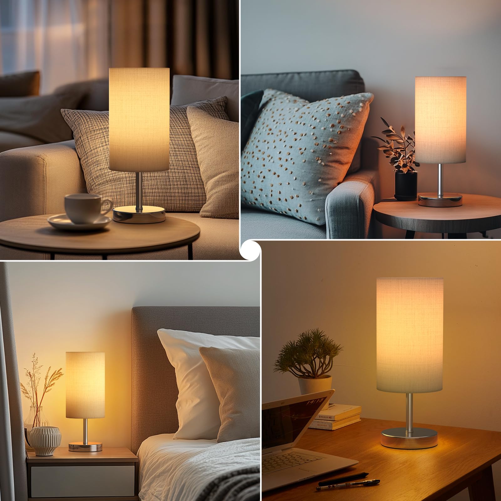 Tomshine Lámpara de Mesita de Noche Táctil Regulable, Lámpara de Mesa Tela Beige E27 con Bombilla LED 6W, 3 Niveles de Brillo Luz Nocturna Moderna para Dormitorio Salón, Pantalla Cilíndrica, 2700K