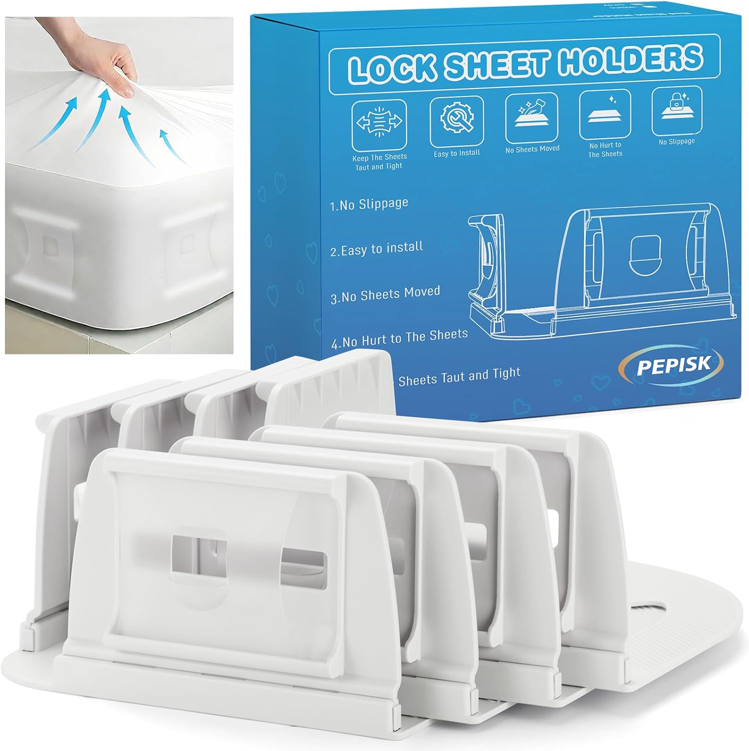 Bed Sheet Holder, 4 Pack Lock Sheet Holders, Secure Bed Sheets Firmly in Place, Bed Sheet Locks Sheet Holders for Bed Corners, Universal Fit King, Queen, Twin Sized Beds