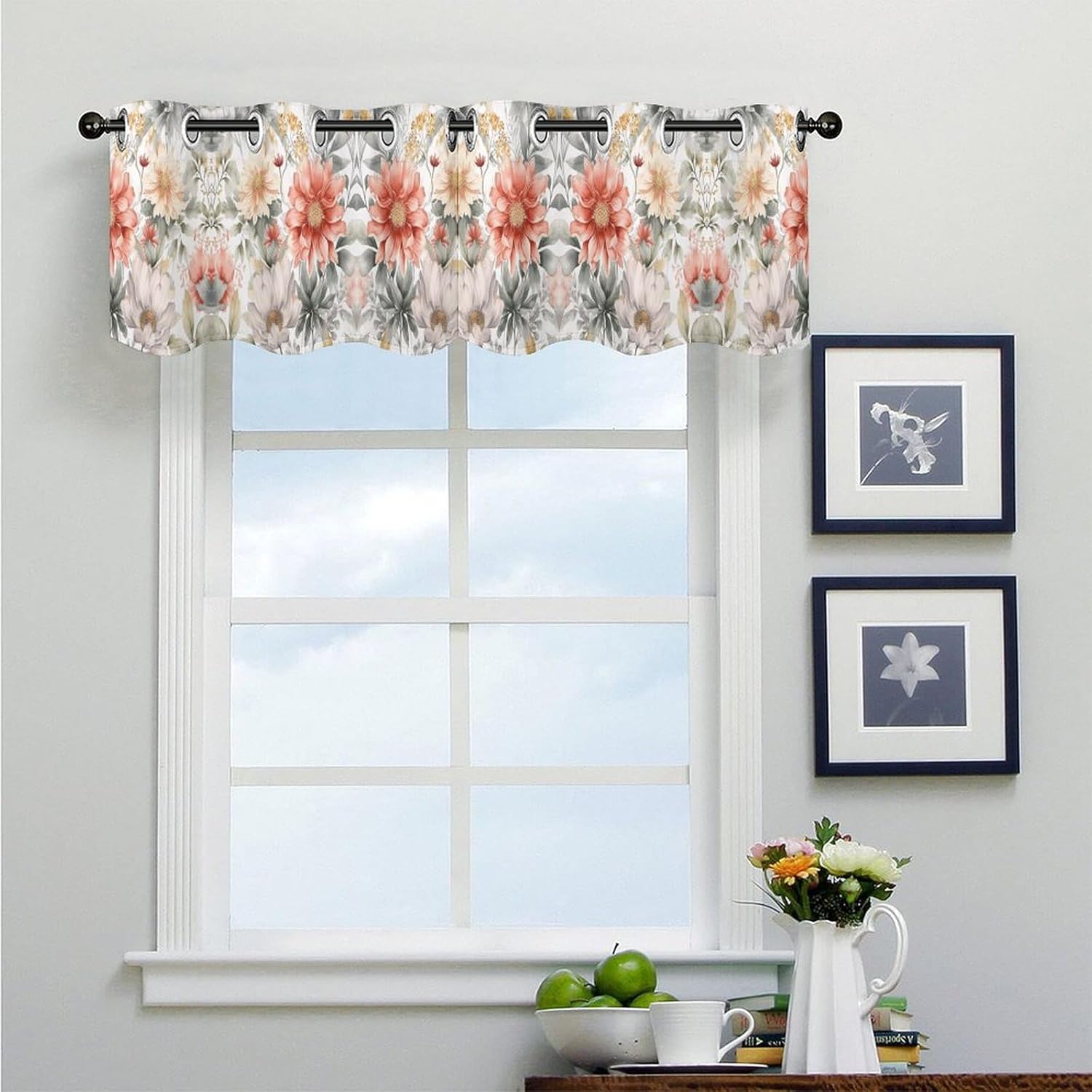 Pastel Floral Pattern Printed Short Window Curtains, Grommet Small Valance, Decorative Short Curtains Suitable for Window Sills in Bedrooms, Living Rooms, Kitchens, Etc