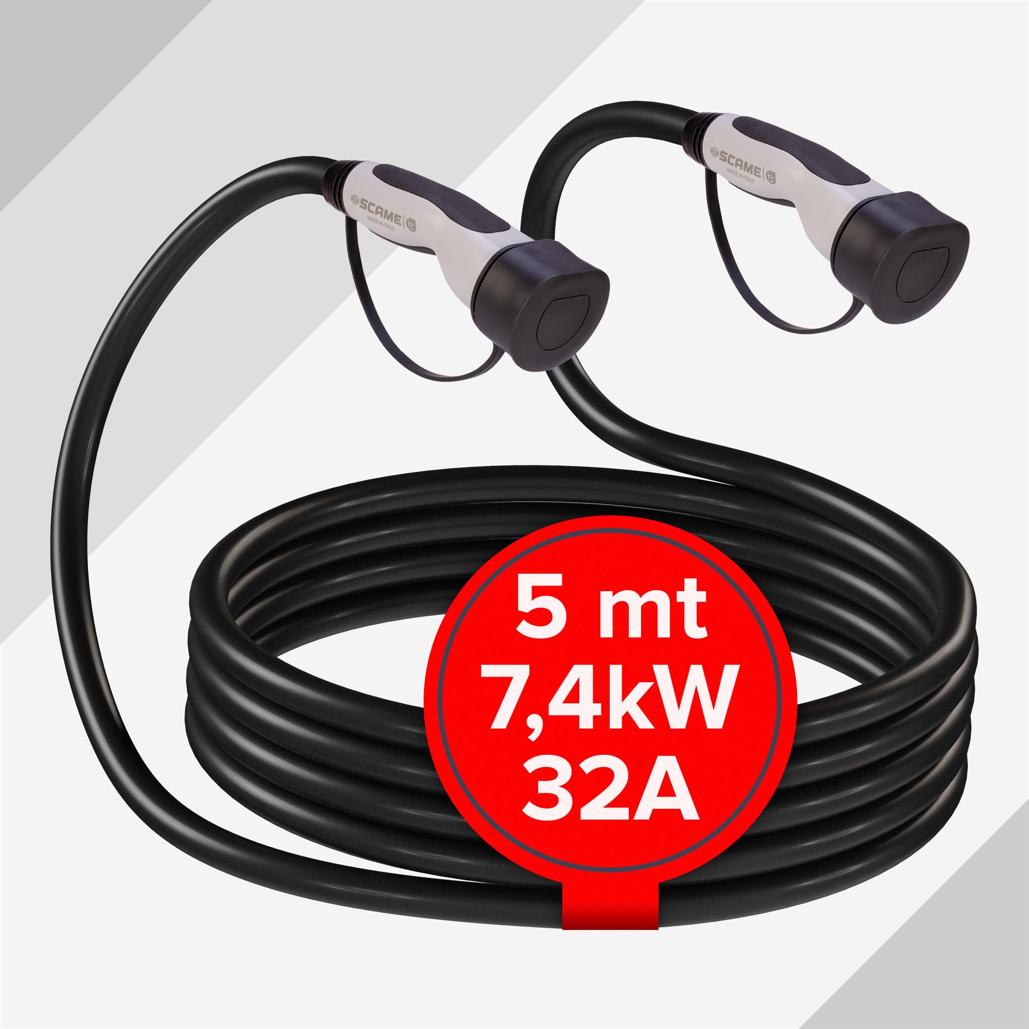 SCAME | Cavo Caricabatterie Auto Elettrica - Connessione Monofase Cavo Tipo 2 a Tipo 2 - 7,4 Kilowatt - 32 Ampere - Lunghezza 5 Metri