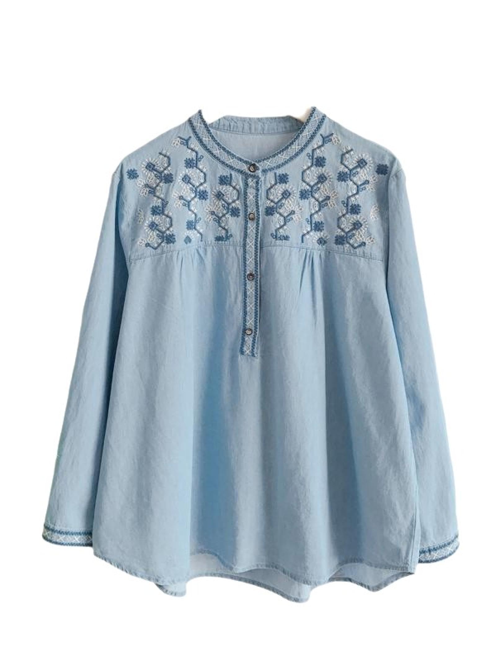 レディース ロングシャツ 花柄 シャツ ブラウス 長袖シャツ 刺繍シャツ 大きいサイズ チュニック デニムシャツ 刺繍 総丈:68cmバスト:128cm肩幅:43cm袖丈:53cm ライトブルー