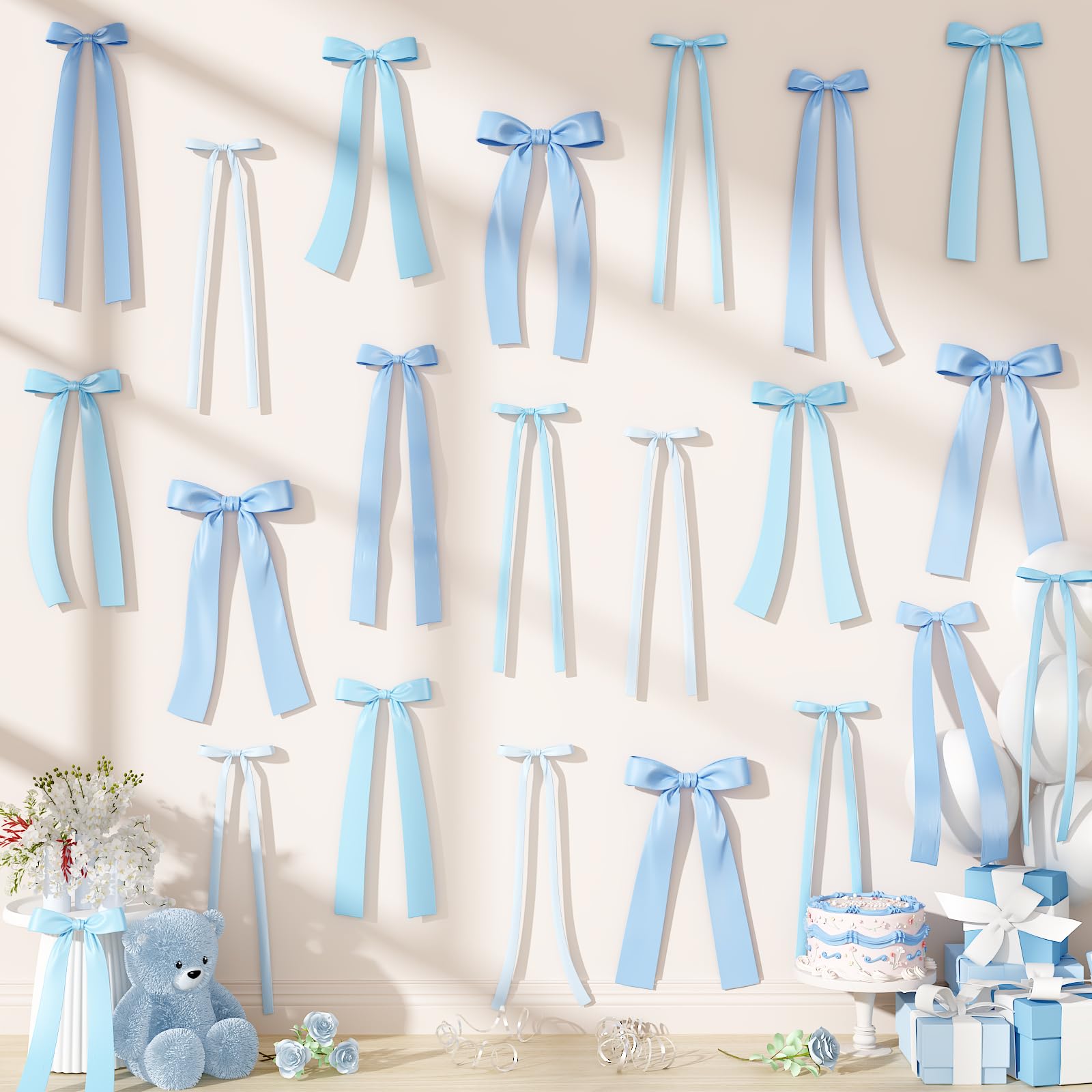 Blue Bow Decor, 40Pcs Ribbon Bow Wall Backdrop for Birthday Decorations