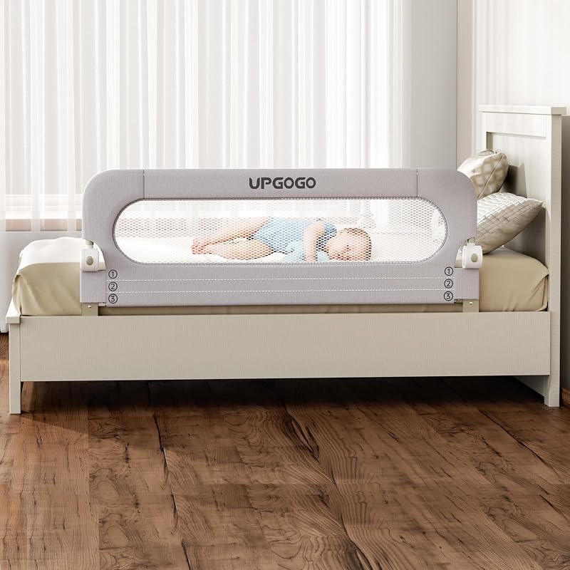 UPGOGO Riel de cama plegable para niños pequeños, gris, 59" L x 23.6" H | Base en forma de U, anclajes reforzados, esponja incorporada, bloqueo seguro