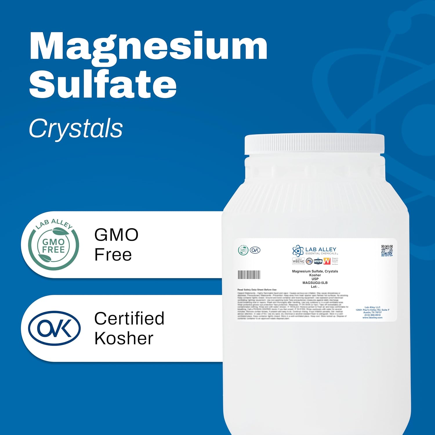 Lab Alley Magnesium Sulfate Crystals, USP Grade, Kosher, for Personal Care, Household Use, and Food Processing (10 Pounds)
