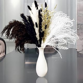 White and Black Dried Pampas Grass 17.7in Natural Dried Flowers Bouquet Pampas Grass Bunny Tail Vase Filler for Boho Pompous Grass Table Home Decor