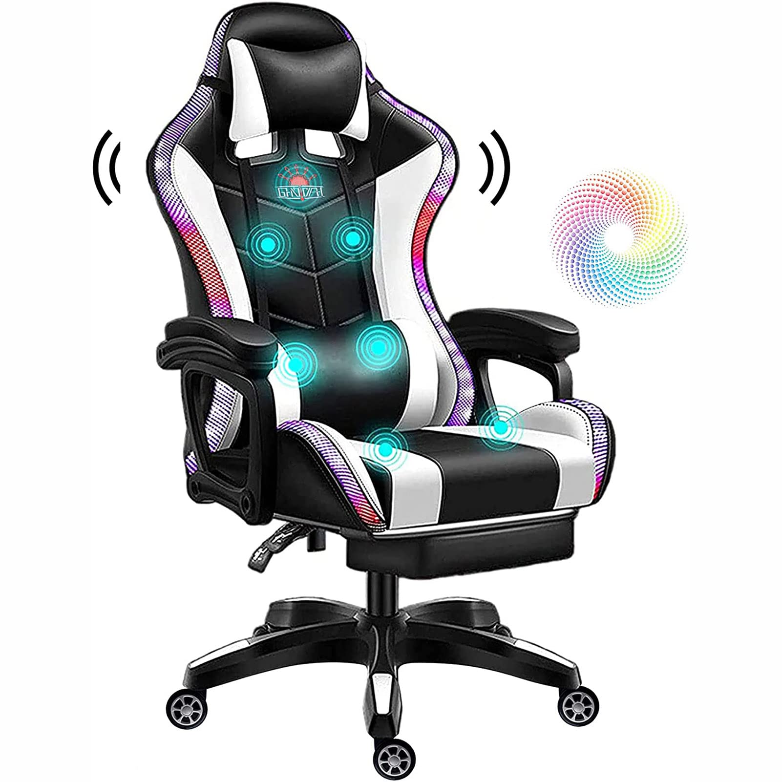Fauteuil de jeu avec lumières LED RVB haut-parleurs et massage, chaise de bureau blanche course