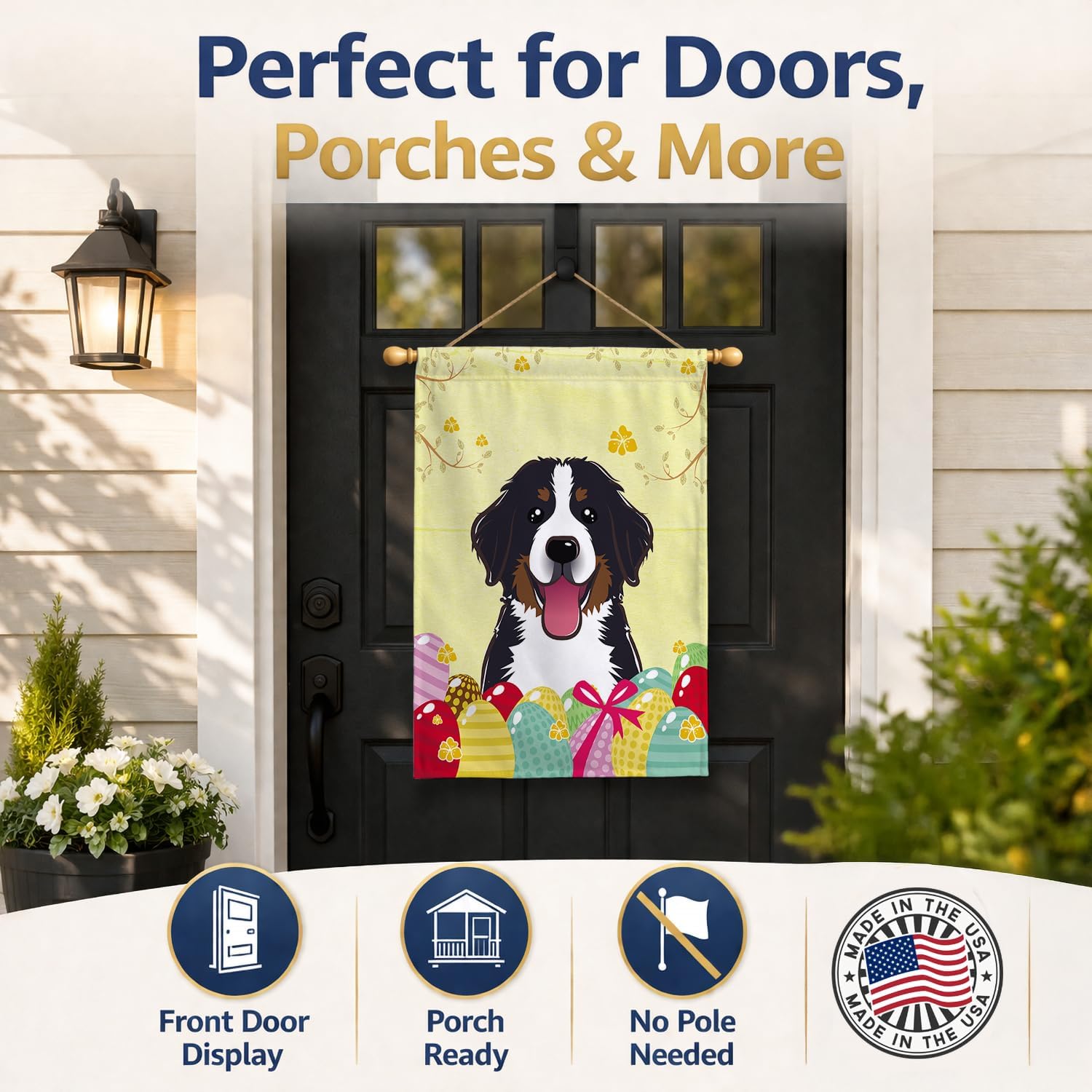 Caroline's Treasures BB1919CHF Bernese Mountain Dog Easter Egg Hunt House Flag Large Porch Sleeve Pole Decorative Outside Yard Banner Artwork Wall Hanging, Polyester, House Size, Multicolor