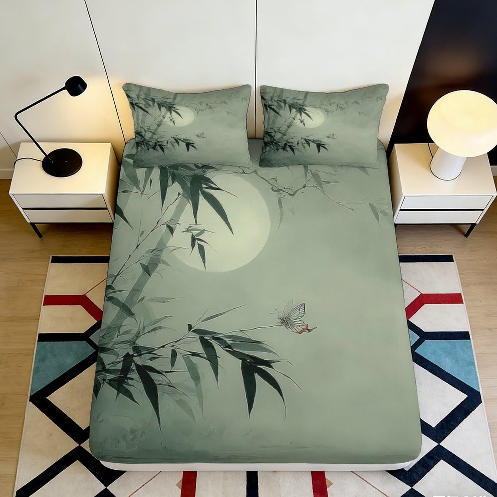 Pnayamiorkfel Style-7 3D Printed Moon Bamboo Fitted Sheet Microfiber Soft Green Nature Butterfly Mattress Cover For Bedroom Guest Room Decor 90X200x25cm