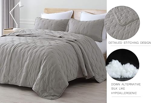 Miniatura 6 de Chezmoi Collection Marie - Juego de edredón bordado de línea de 3 piezas, juego de edredón ligero de microfibra lavada suave (King, blanco)