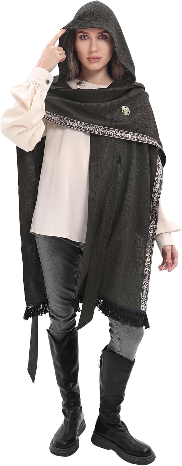 Medieval Hooded Cloak Shawl Scarf Renaissance Post-apocalyptic Fantasy Poncho Wrap Celtic Cape with Tassel Brooch