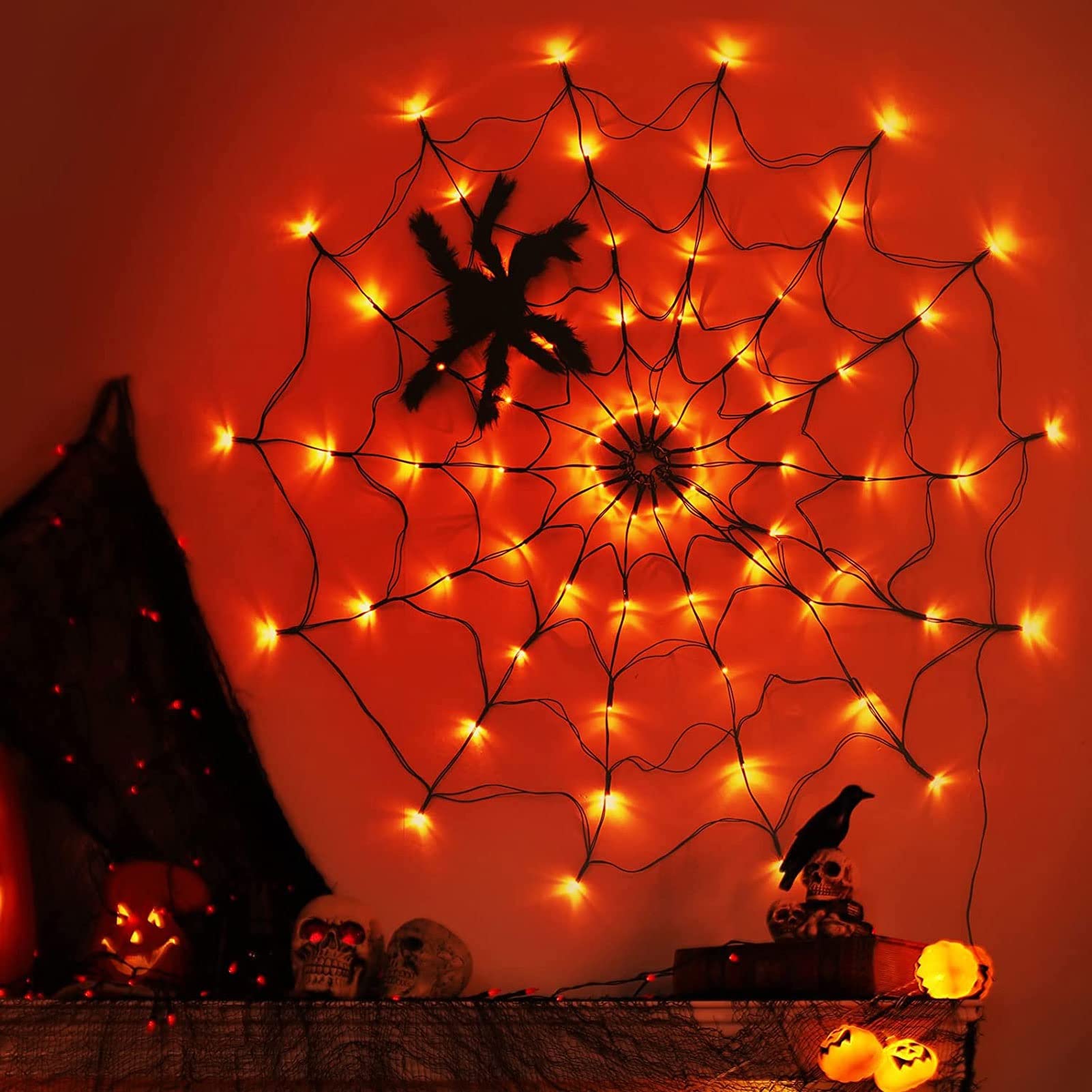 Halloween LED Spider Web Lights, 8 trybów świecące Spider Web Dekoracje Halloween, Halloween Spider Web Fairy Lights, na wystrój ogrodu Nawiedzony dom