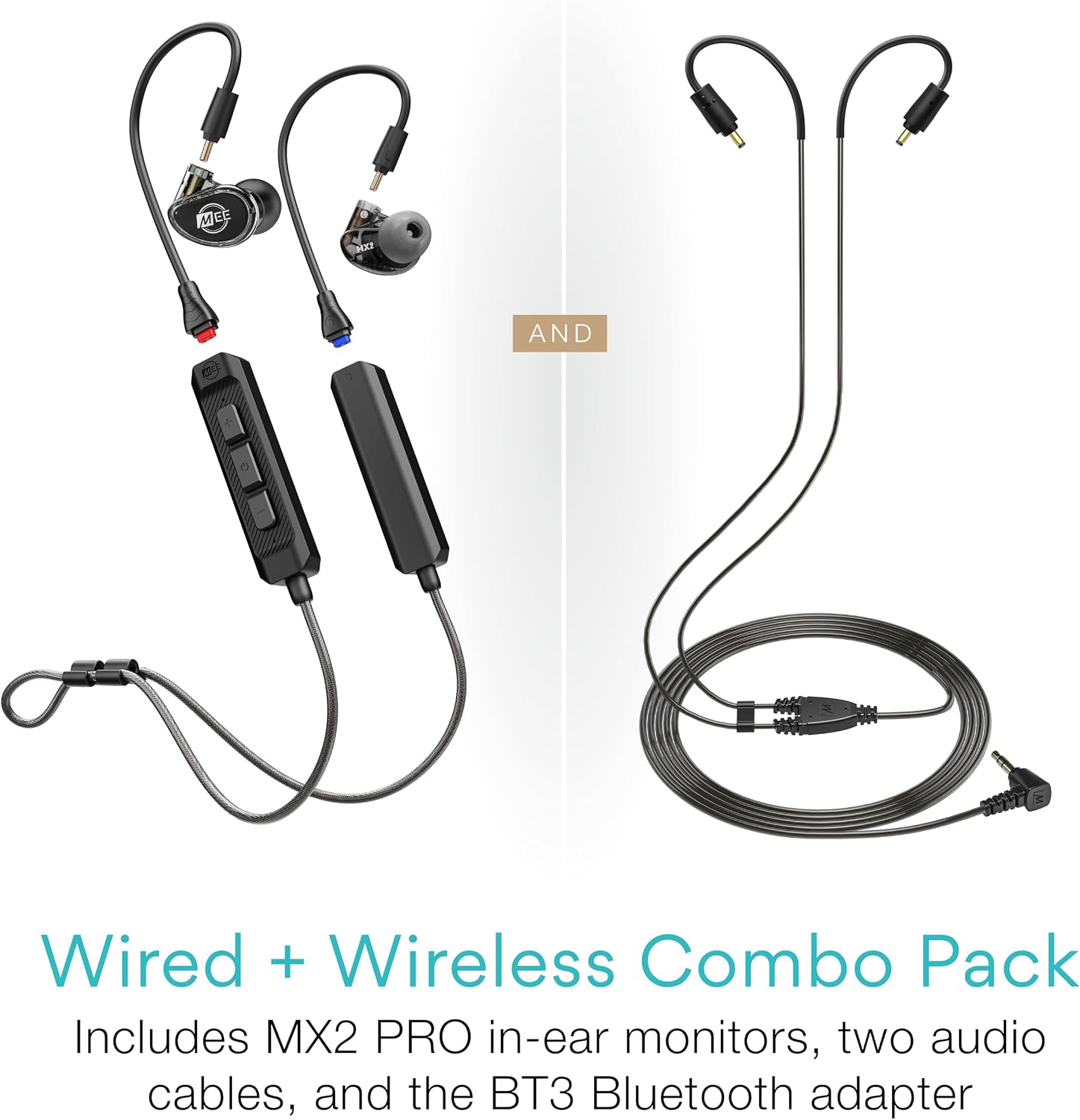 MEE audio MX2 PRO Musicians' in-Ear Monitors Wired + Wireless Combo Pack: Includes MX2 PRO Dual-Driver Hybrid IEMs, 2 Cables, and Hi-Res Bluetooth Audio Adapter w/aptX, LDAC, & Headset (Black)