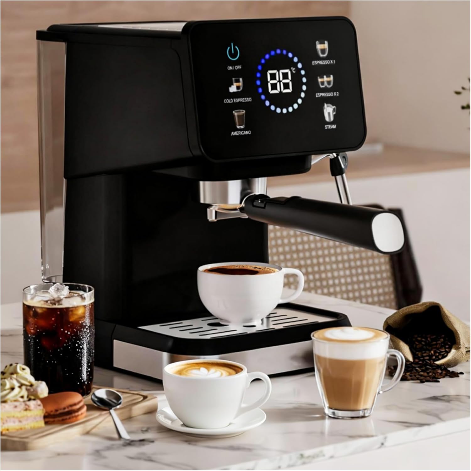 HJJ 全自動コーヒーマシン コーヒーマシン 温度調節 1.5L大型水槽 お手入れ簡単 大型タッチスクリーン 2つの仕様 蒸気システ