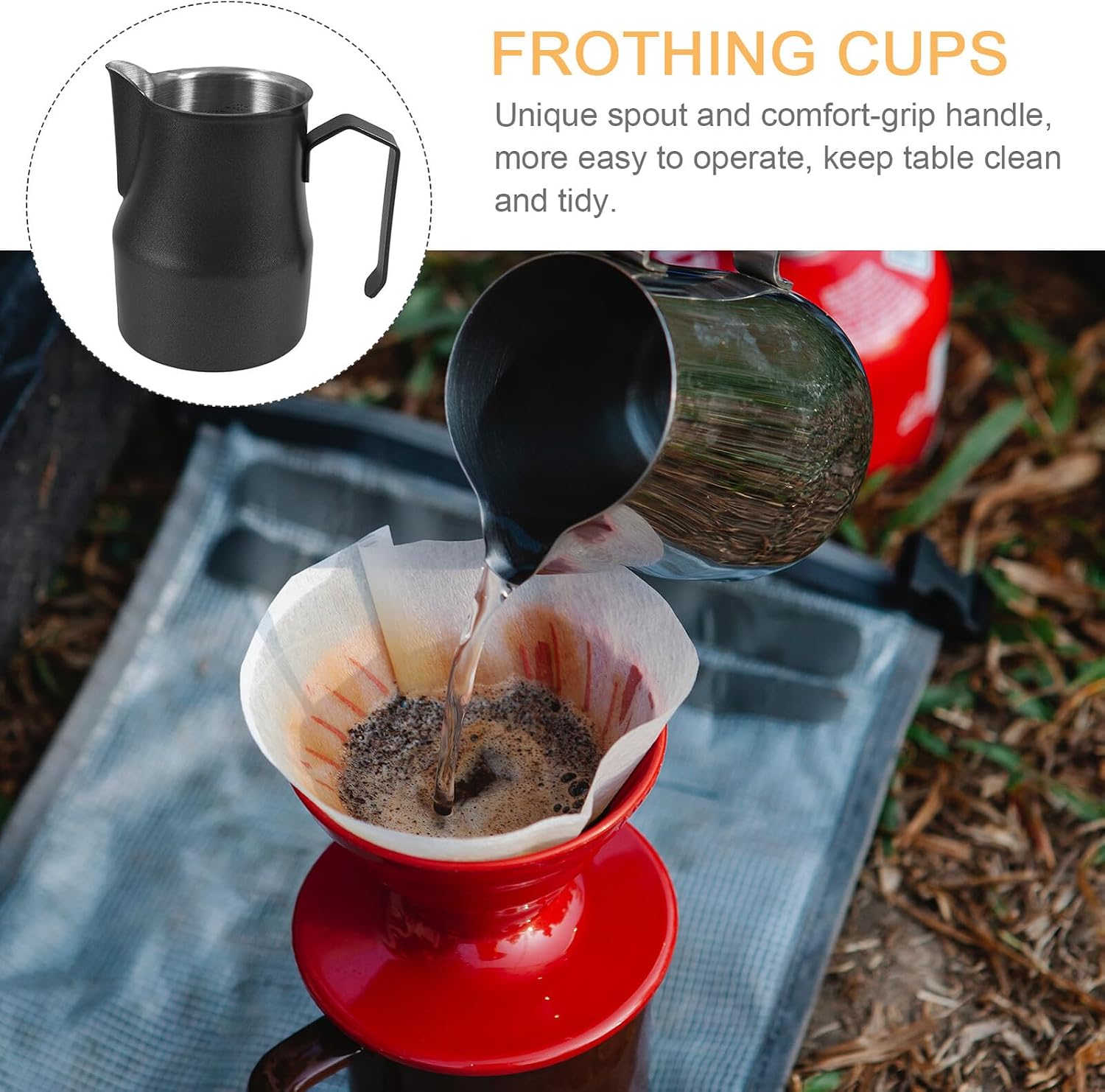 Holibanna Stainless Steel Milk Frothing Pitcher for Espresso Machines Metal Steaming Jug with Precision Spout Portable Latte Cup for Home and Professional Use Elegant Black Design