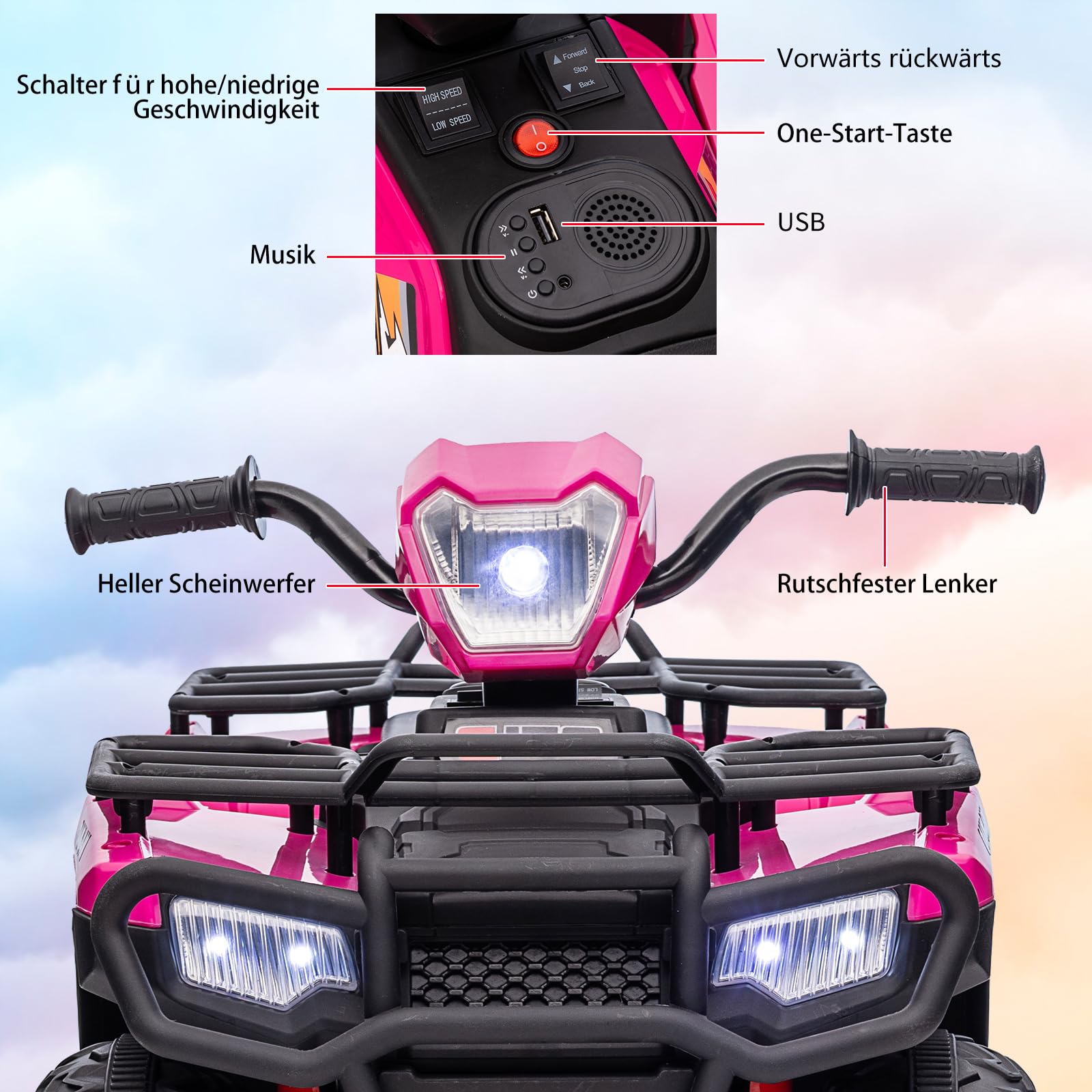 12V Elektro-Quad für Kinder – LED-Scheinwerfer, Musik, Vorwärts-/Rückwärtsgang, 4 Räder, 88x50x46cm, stabile Bauweise, Geschenkidee – Kinderfahrzeug ab 3-8 Jahre, Farbe: Rosa Rot
