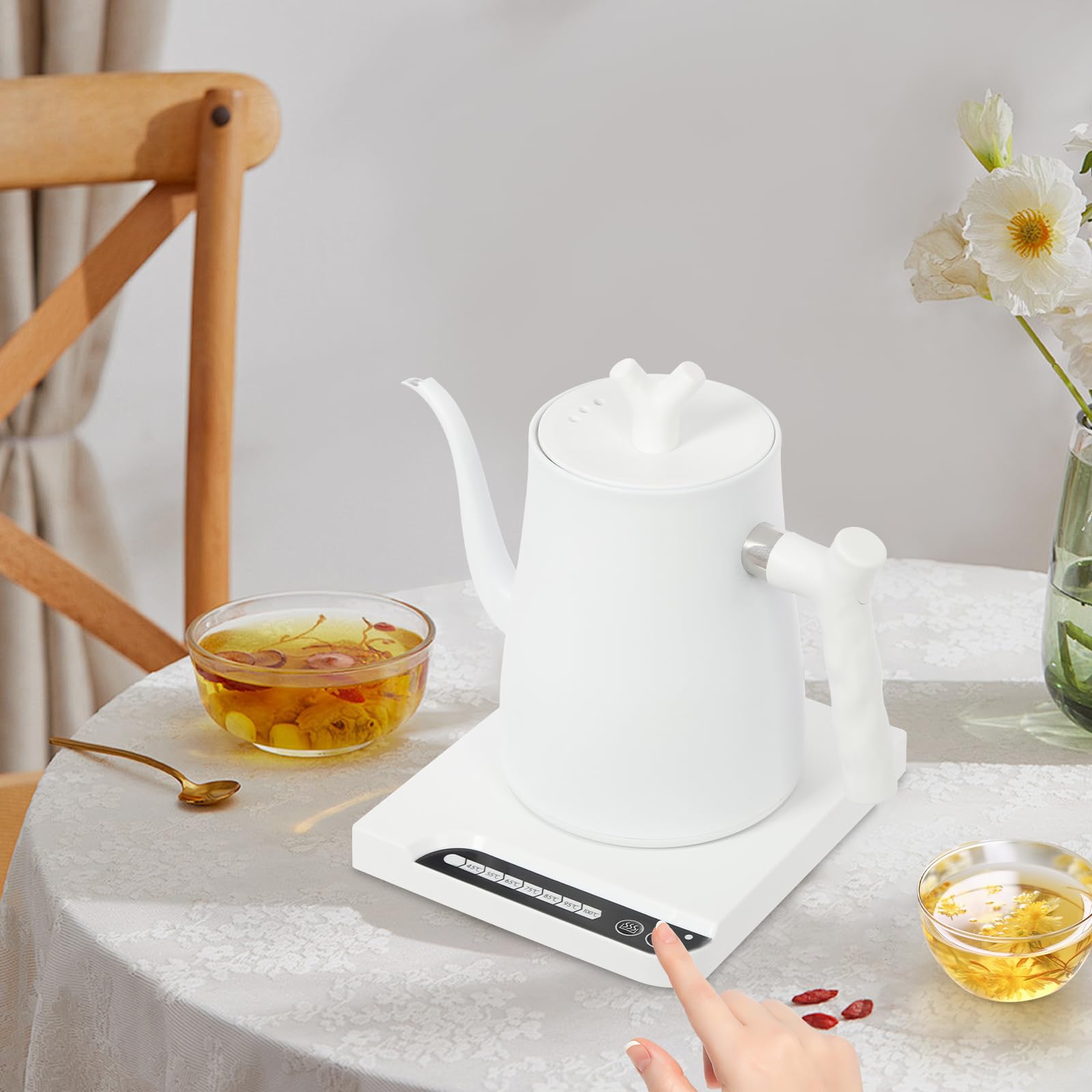 Hervidor eléctrico de 1 L, 1000 W, 7 niveles de temperatura del agua ajustables, cuello de cisne, para café y té, color blanco