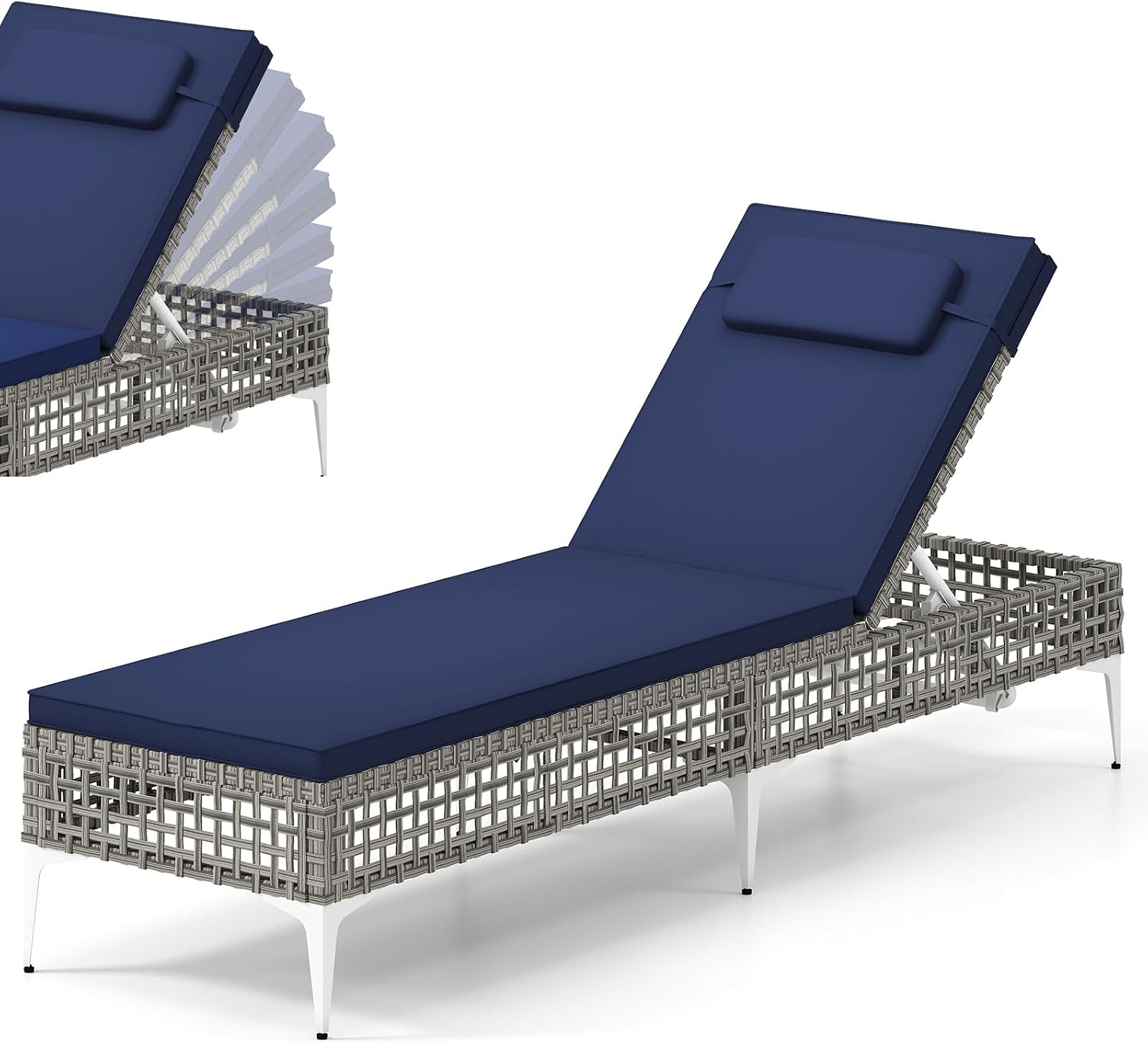 HAPPYGRILL Patio Chaise Lounge Chair PE Wicker Rattan Reclining Sun Lounger with Adjustable Backrest, Cushion, Headrest, for Poolside Deck Backyard (1)