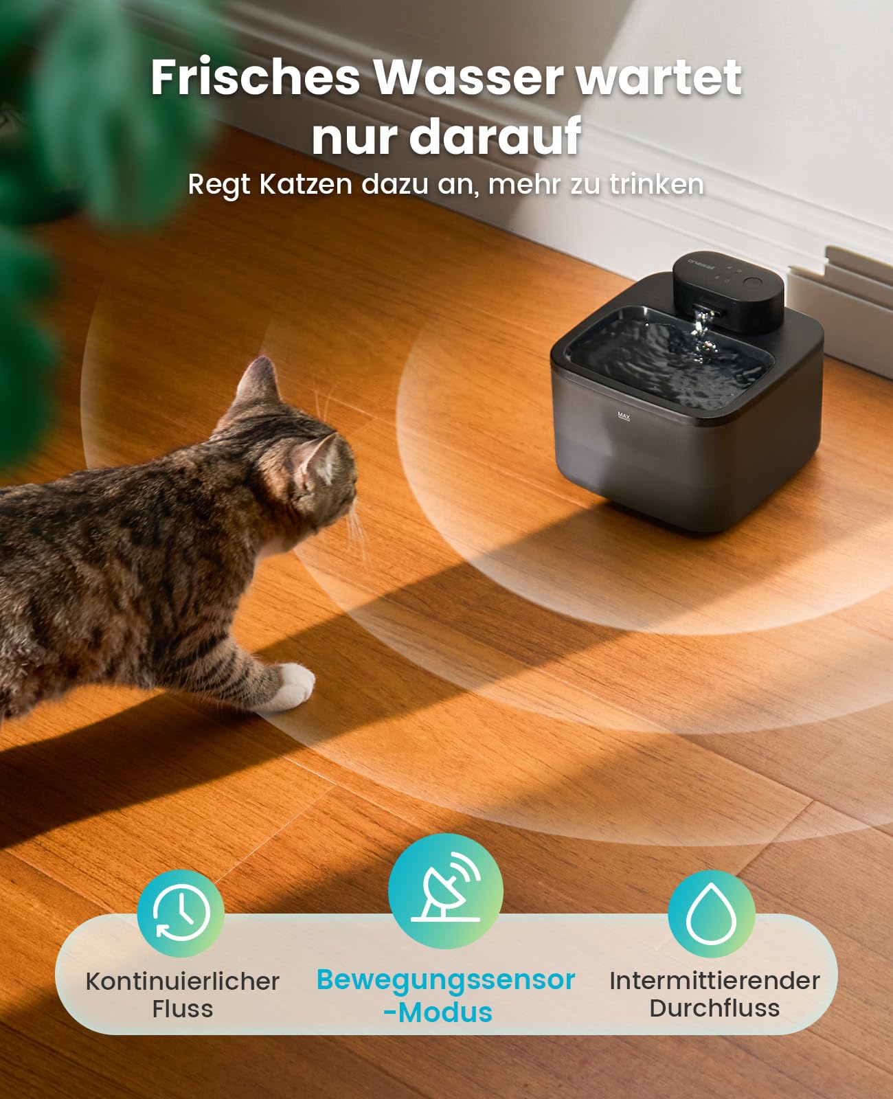 oneisall katzenbrunnen kabellos, 2.2 L trinkbrunnen für Katze kabellos mit bewegungsmelder, 20 dB ultraleise integrierte SilentFlow™-Pumpe, batteriebetrieben für Katzen, leicht zu reinigen, Schwarz