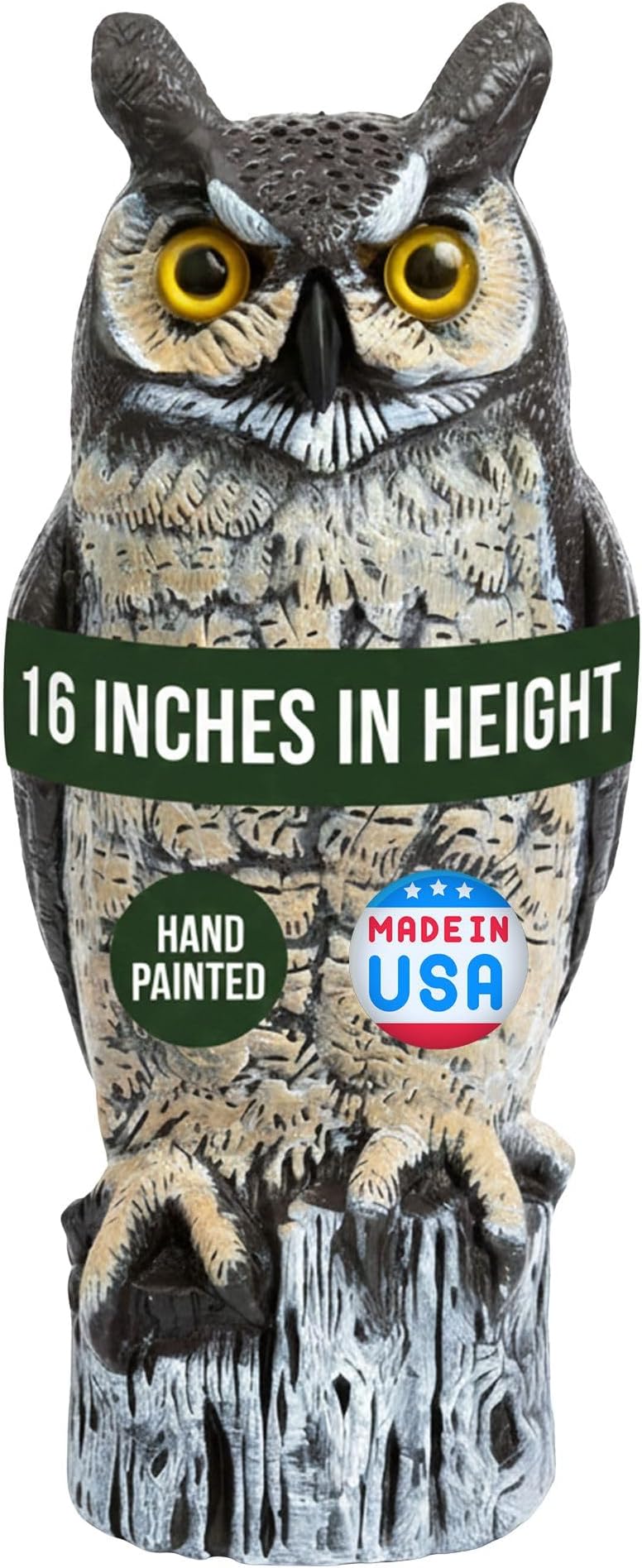 Fake Owl Decoy to Scare Birds Away from Gardens, Rooftops, and Patios - Scarecrow Provides Natural Pest Control - Safe and Humane, 16" Two Color Great Horned Owl