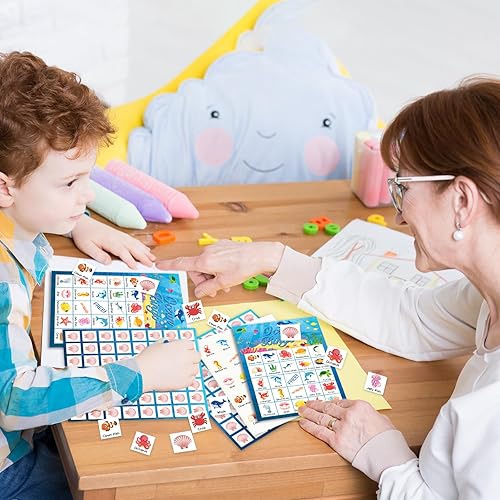 Miniatura 5 de Liliful Tarjetas de juego de bingo de animales del océano para niños, 24 tarjetas de bingo de mar, juego temático del océano para fiestas bajo el