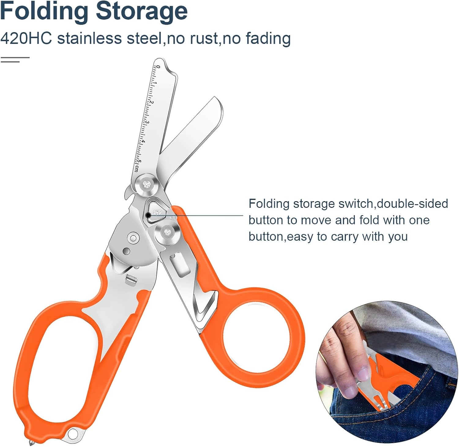 6 In1 Multifunction Emergency Response Shears, Stainless Steel Foldable Trauma Shears with Strap Cutter and Glass Breaker,Medical Scissors with Holster and Penlight Orange