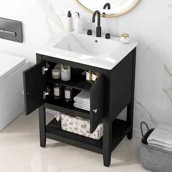 P PURLOVE 24 Inch Bathroom Vanity with Sink,Single Bathroom Vanities Cabinet with Doors and Open Shelf,Solid Wood Small Vanity with Sink,Black