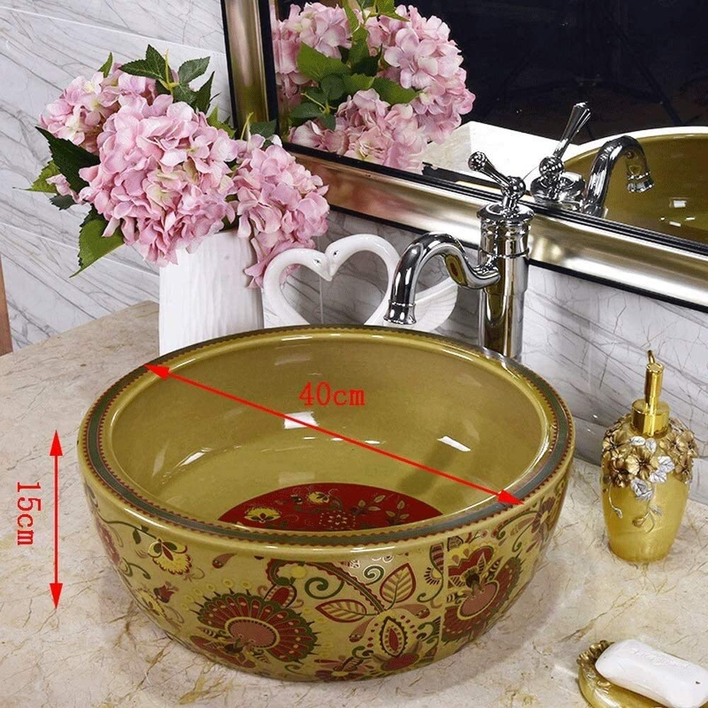 Szafka Pod Umywalkę Z Umywalką, Umywalka Łazienkowa Nablatowa, Okrągła Ceramiczna Umywalka Łazienkowa Nablatowa W Stylu Vintage, Porcelanowa Miska Nablatowa