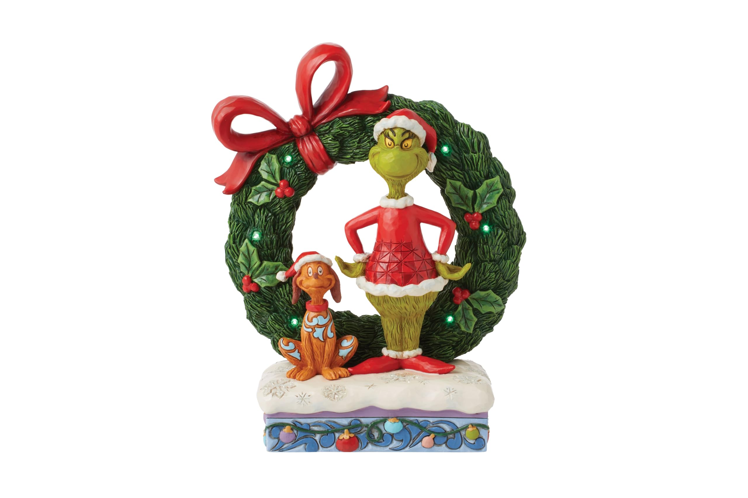 The Grinch by Jim Shore Grinch & Max Light-Up Wreath Figurine, Multicolor, height 21cm
