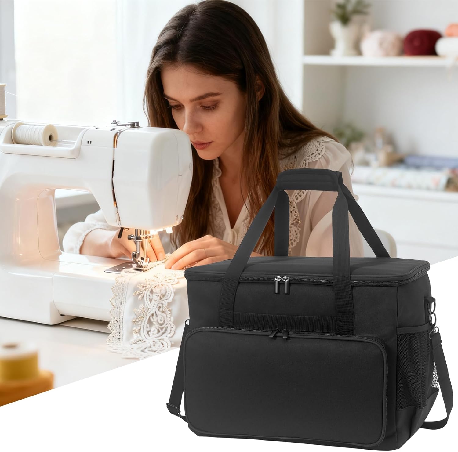 Sewing Machine Case with Wheels, Detachable Rolling Sewing Machine Tote Bag, with Machine Case Fixing Rope - Fit Most Standard Sewing Machine - Black