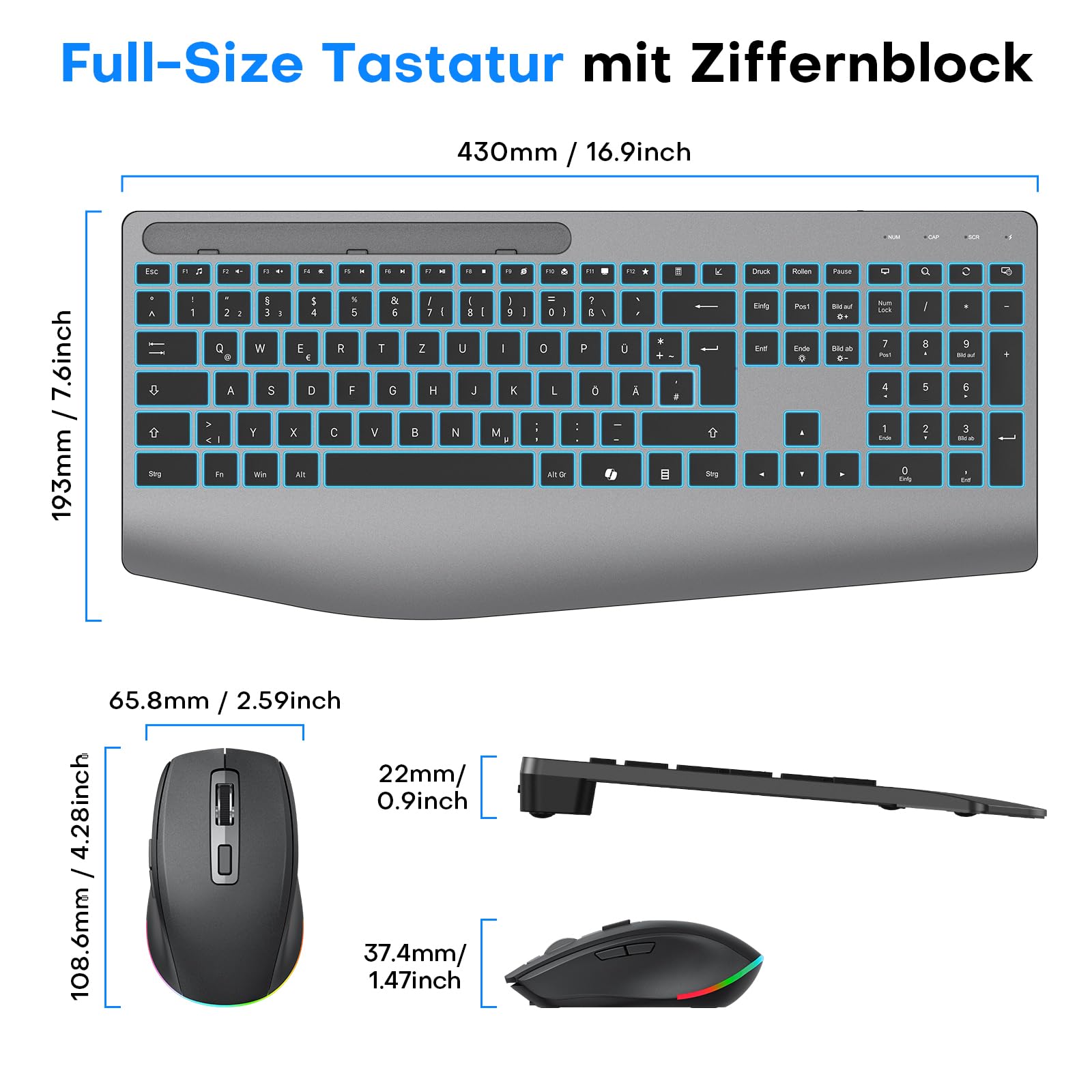Tastatur Maus Set Kabellos 2,4GHz QWERTZ, OMOTON Beleuchtete Tastatur Leise | Handballenauflage, Ein USB Empfänger für beide Geräte, 4 DPI Maus, Wiederaufladbar, Ergonomische, Windows Linux, Home Office