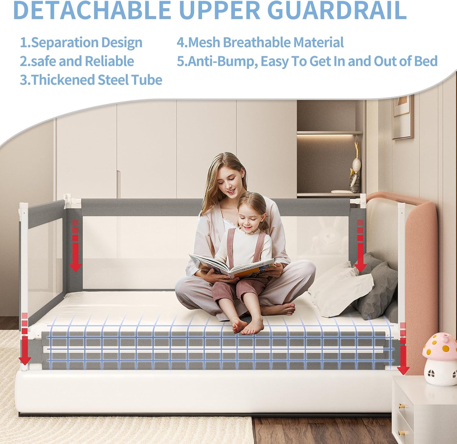Bed Rail for Toddlers, Detachable Baby Bed Rail Guard, Suitable for Queen, Full, Bed Rails with Y-Shaped Base for Toddlers and Baby(Grey, 78.7", 2 Side)