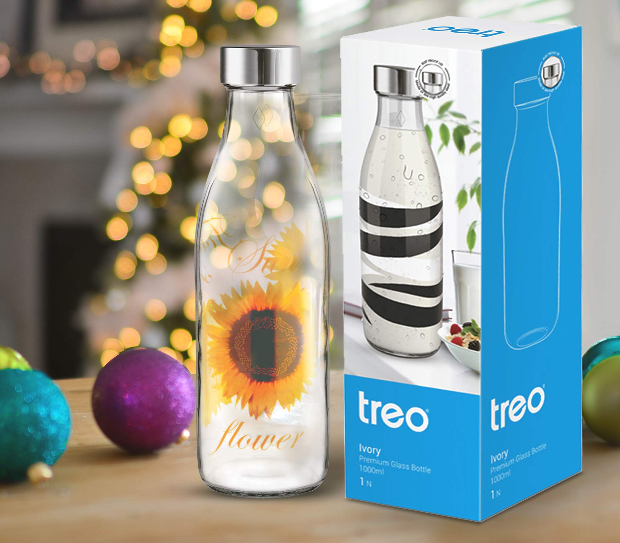 Treo by Milton Ivory Premium Glass Printed Bottle (1000 ml), Yellow Floral