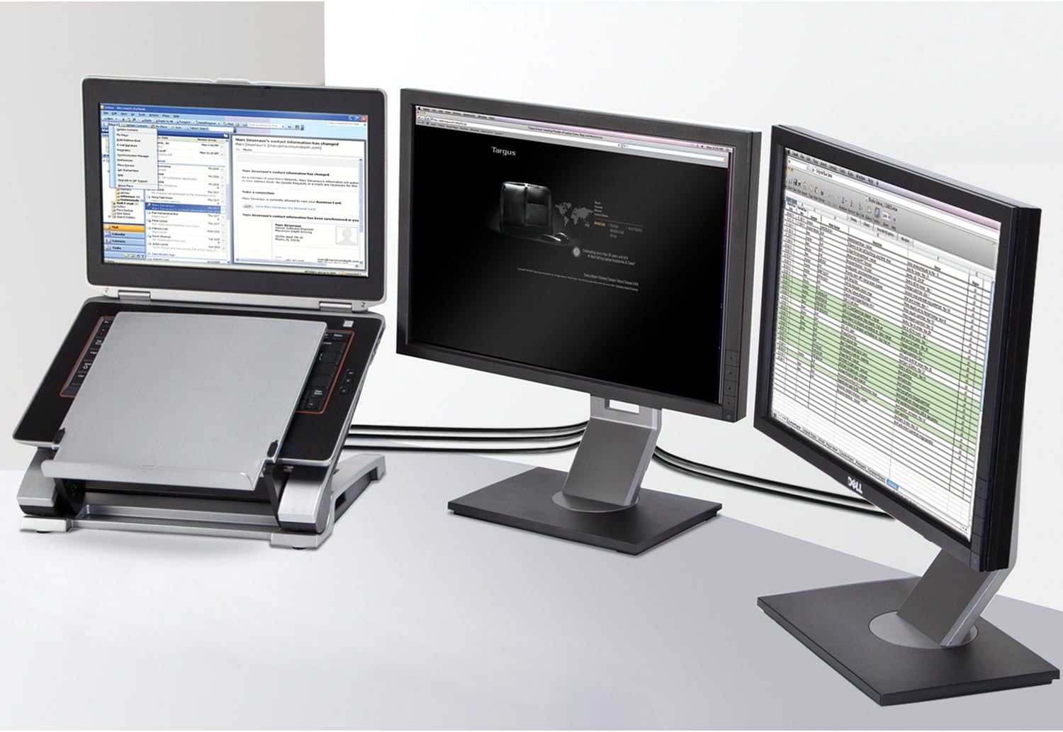 Multi-monitor setup with a laptop and two external displays connected via the docking station