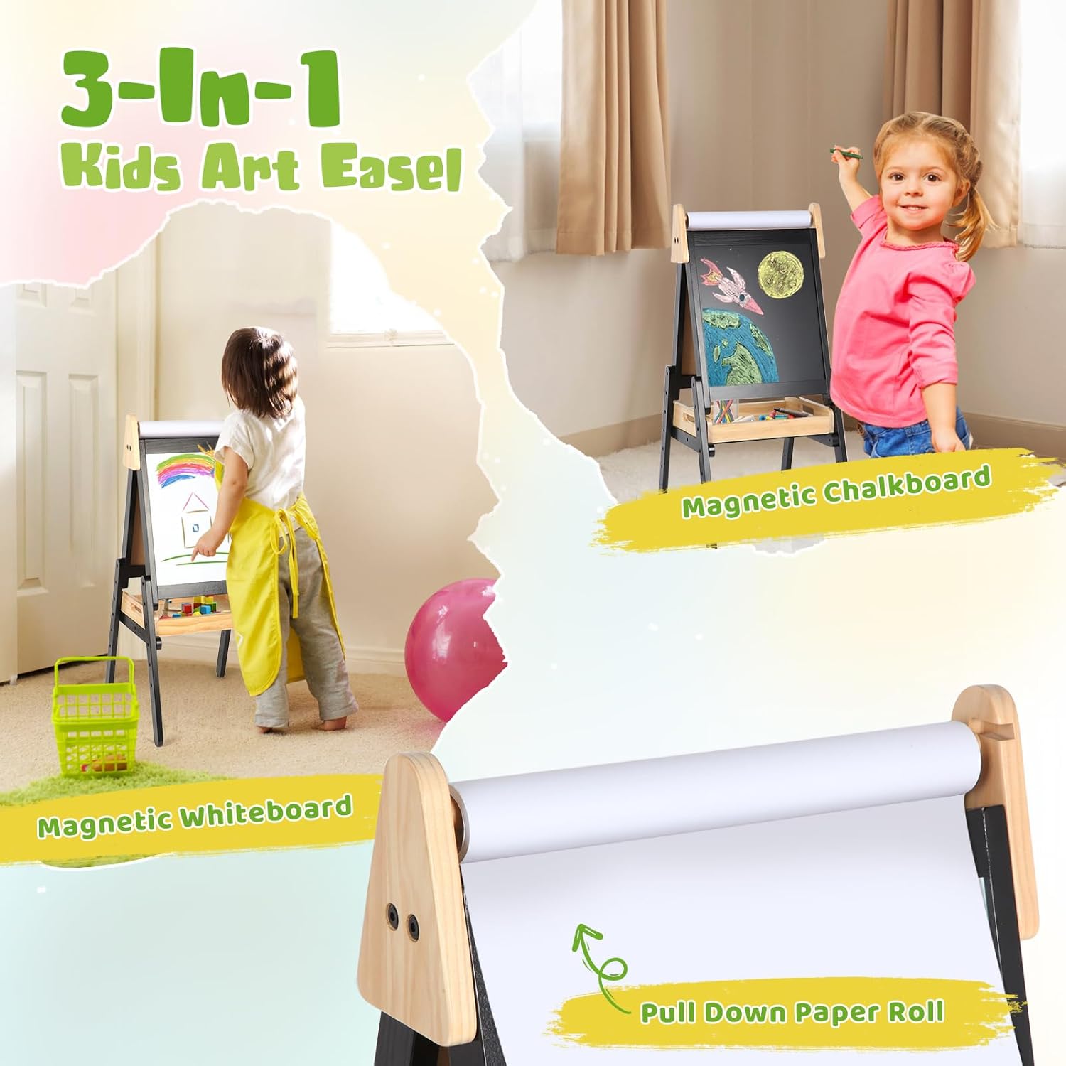 3 in 1 Easel for Little Kids with Wood Tray, Double Sided Wooden Easel with Paper Roll, Magnetic Chalkboard & White Board Height Adjustable Painting Standing for Toddlers Childrens 2-5