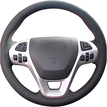 Loncky Black Genuine Leather Suede Custom Stitched Car Steering Wheel Cover for Ford Taurus 2013 2014 2015 2016 / Ford Explorer 2011 2012 2013 2014 2015 / Ford Edge 2011 2012 2013 2014 Accessories