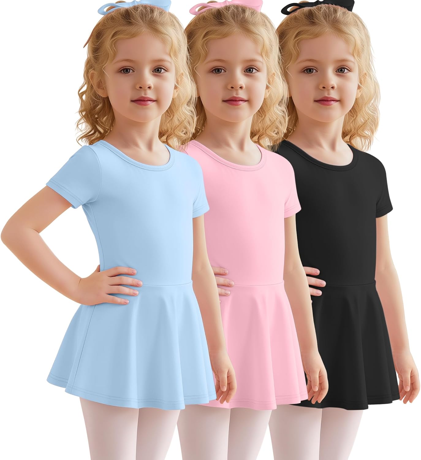 3 Pack Ballet Leotards for Girls Toddlers with Skirt 2T-12Y Short Sleeve Crew Neck Gymnastics Bodysuits Dance Dress