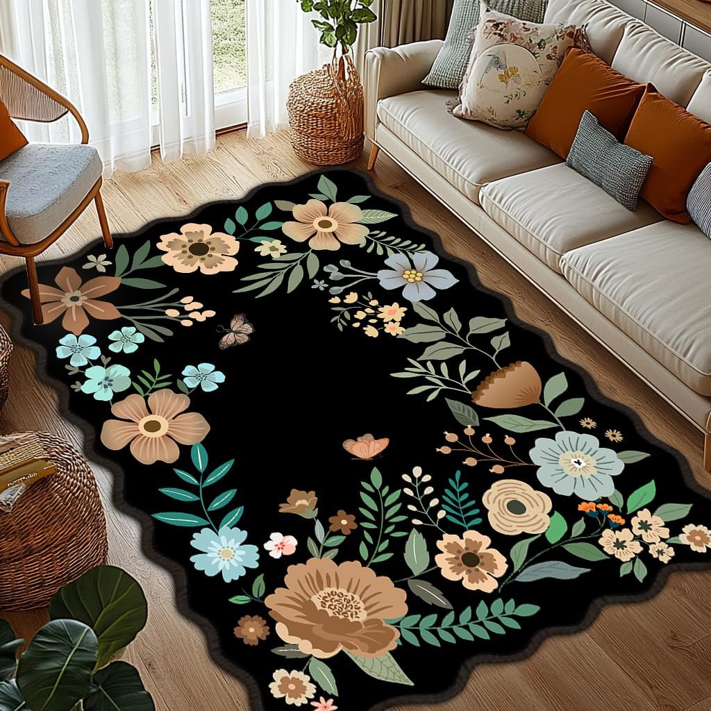 DINJUNA Floral Living Room Rug 4x6 Rug Machine Washable
