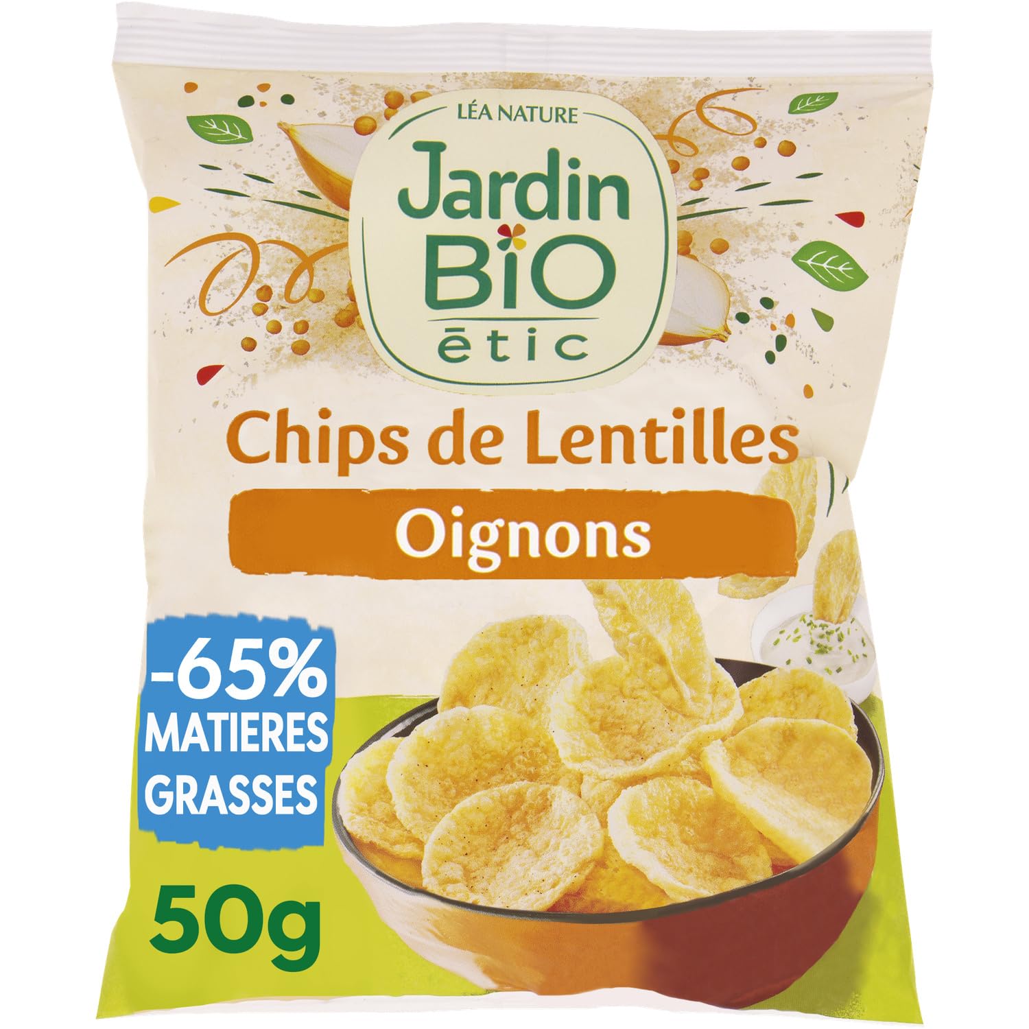 JARDIN BIO ETIC - Chips lentilles aux oignons sans gluten Bio - 65% de Matières Grasses · Source de Fibres · Sans Gluten · Sans Huile de Palme · Sans Arômes Ajoutés - le sachet de 50g - Le Lot De 4