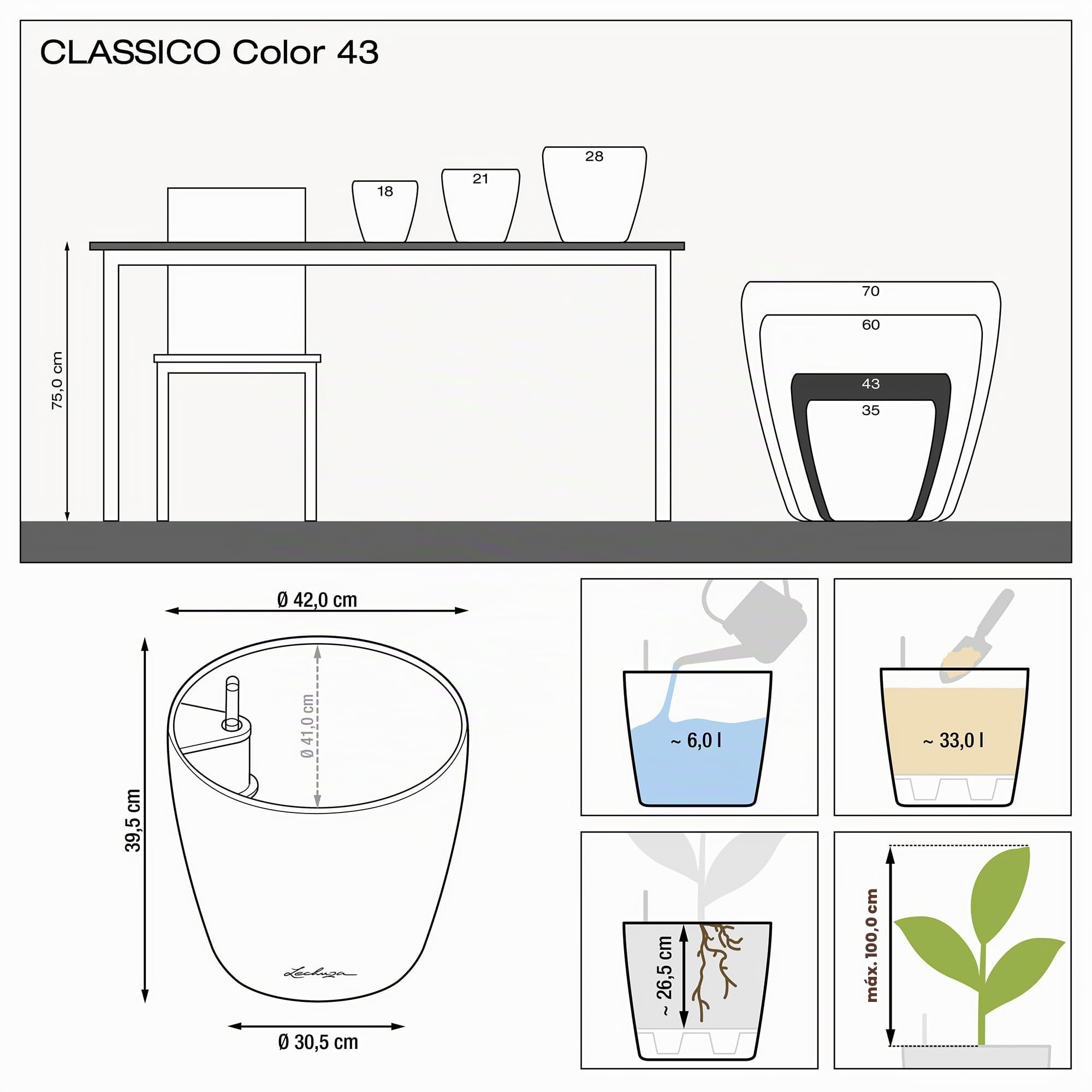 Lechuza 13244 - Maceta Classico Color 43 Kit Completo, Color Gris Pizarra (43 x 40)