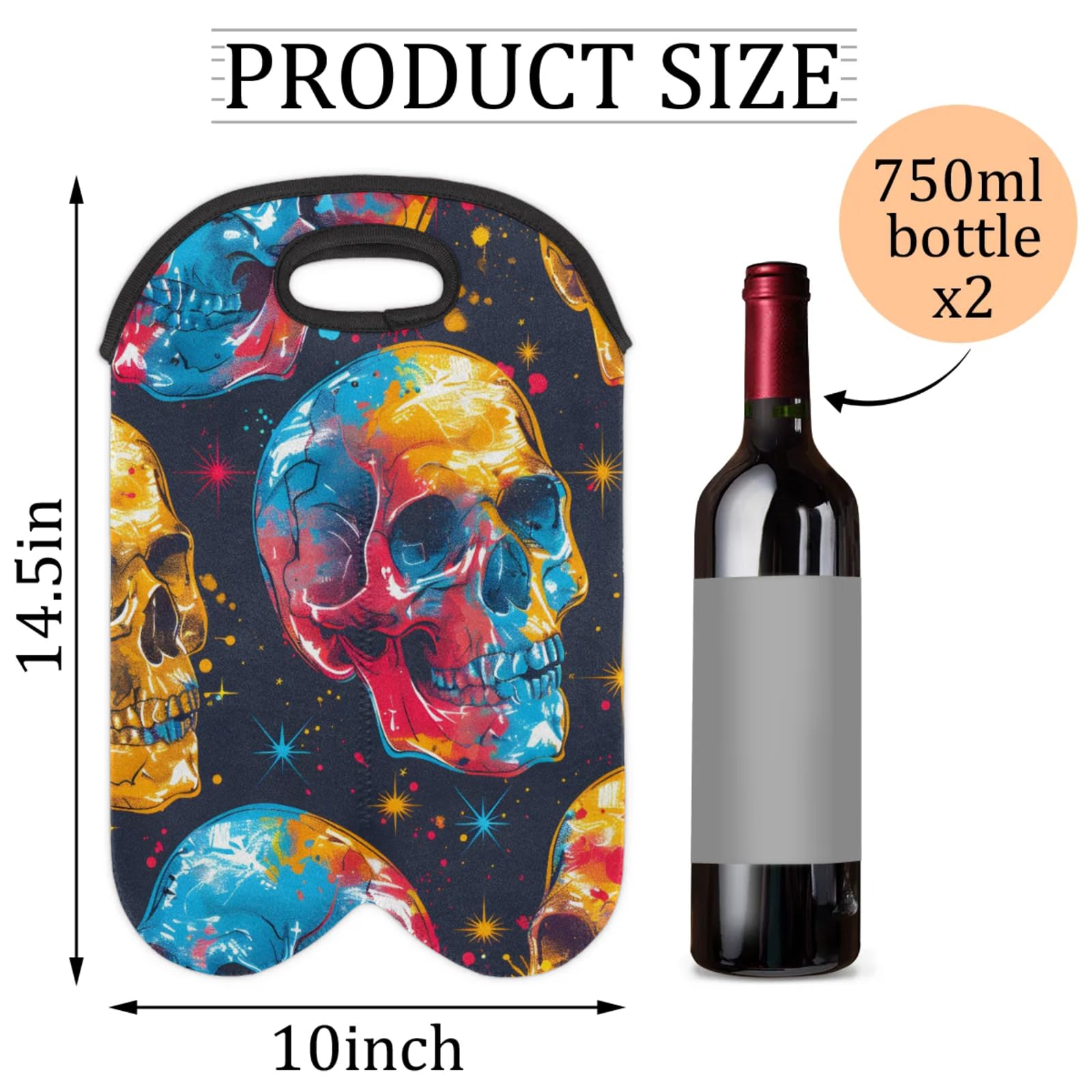 GzLeyigou 2 Bottles Bone Skull Wine Bag Sleeve Totes Neoprene Protective Wine Carrier Bag for Wine,Water, Champagne, Beer, Baby Bottles,Gift 14.5 x 10 Inches