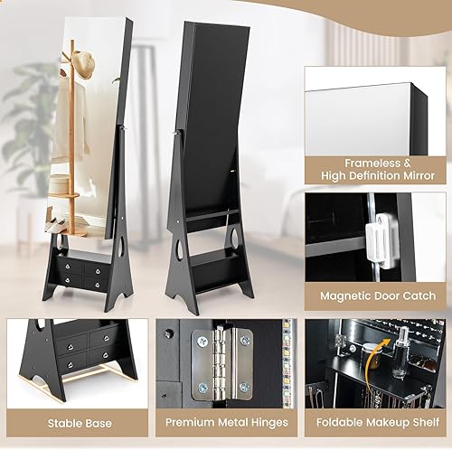 Miniatura 6 de GOFLAME Armario de joyería independiente, armario de joyería con luz LED con espejo sin marco de longitud completa, estante plegable, 6 cajones