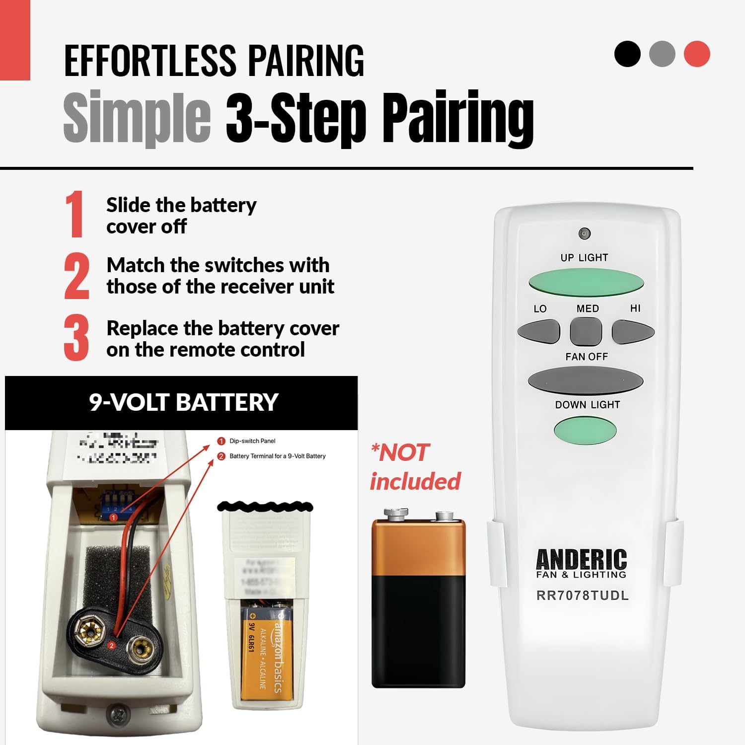 Anderic RR7078TUDL Ceiling Fan Remote Control Replacement for Hampton Bay & Harbor Breeze | 3-Speed Fan, Up & Down Light Dimmer | 304 MHz | Replaces UC7078T CHQ7078T