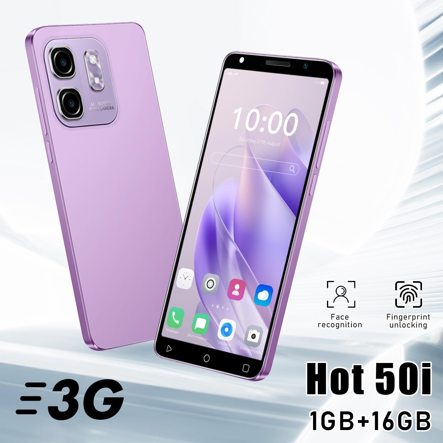 Hot50Pro Billiges Handy, 5,0 Zoll HD-Bildschirm, 16GB ROM (Erweiterung auf 128GB), 3500mAh große Batterie, Gesichts-ID/WiFi/GPS/Android-Telefon (Black)